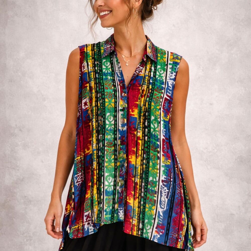 Vtg 90s Leena Studio Abstract Geometric Rayon Chiffon Sleeveless Tunic Shirt L